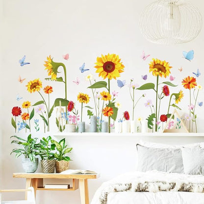 Runtoo Sunflower Butterfly Wall Stickers Garden Flower Wall Decals Bedroom Living Room Nursery Wall Decor