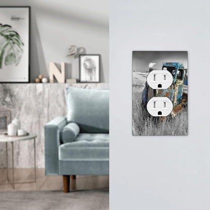 Vintage Country Old Blue Truck 1 Gang Outlet Plate Covers Decorative Single Duplex Wall Plate Rustic Electrical Receptacle Light Switch Cover Art Faceplate Switchplate for Bathroom Living Room Decor