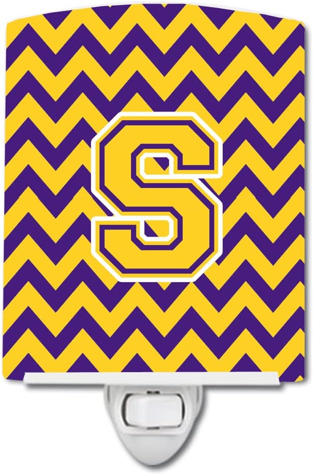 Caroline's Treasures CJ1041-SCNL Letter S Chevron Purple and Gold Ceramic Night Light Compact, UL-Certified, Ideal for Bedroom, Bathroom, Nursery, Hallway, Kitchen, 6x4x3, Multicolor