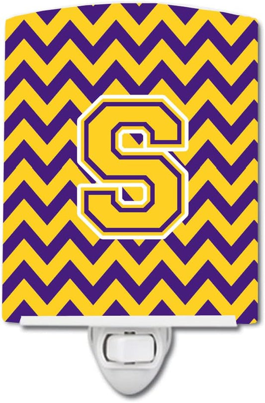 Caroline's Treasures CJ1041-SCNL Letter S Chevron Purple and Gold Ceramic Night Light Compact, UL-Certified, Ideal for Bedroom, Bathroom, Nursery, Hallway, Kitchen, 6x4x3, Multicolor