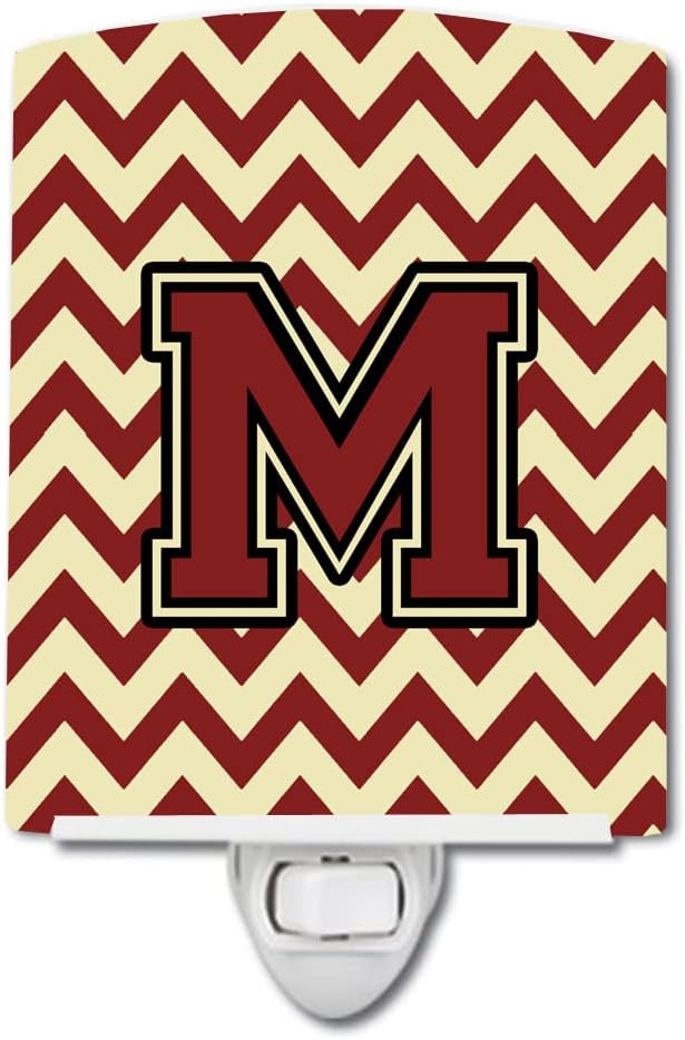 Caroline's Treasures CJ1061-MCNL Letter M Chevron Maroon and Gold Ceramic Night Light Compact, UL-Certified, Ideal for Bedroom, Bathroom, Nursery, Hallway, Kitchen, 6x4x3, Multicolor