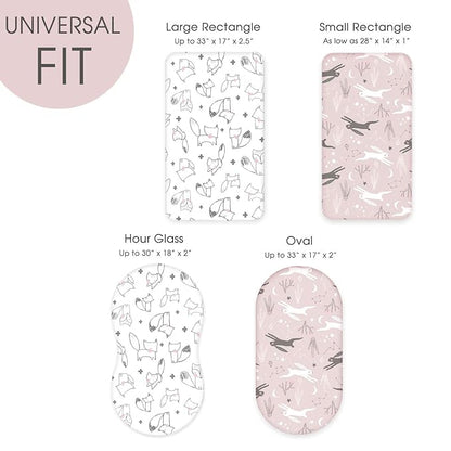 GRSSDER Stretchy Ultra Soft Fitted Bassinet Sheet Set 2 Pack, Universal Fit for Bassinets Baby Cradle Moses Basket Oval Rectangle Pad/Mattress, Cute Foxes and Rabbits Bassinet Sheets for Girls
