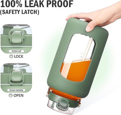 84oz Glass Water Bottle with Stainless Steel Handle,2.5L Gallon Water Bottle With 2-IN-1 Straw Lid, Silicone Sleeve and Motivational Capacity Marker, Wide Mouth Water Jug For Gym, Workout, Olive