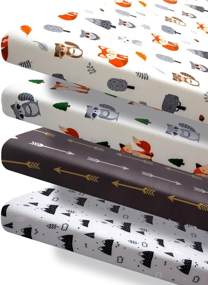 4 Pack N Play Sheets Woodland Forest Animals Wood Neutral Unisex Fitted Baby N Play Sheets Fitted for Standard Pack and Plays and Mini Cribs Set for Baby Boys or Girls