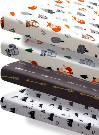 4 Pack N Play Sheets Woodland Forest Animals Wood Neutral Unisex Fitted Baby N Play Sheets Fitted for Standard Pack and Plays and Mini Cribs Set for Baby Boys or Girls
