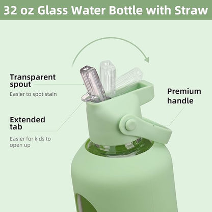 32 oz Glass Water Bottles with Straw Borosilicate Glass Water Bottle with Time Marker Motivational Water Bottles with Silicone Sleeve Leak Proof Reusable BPA Free