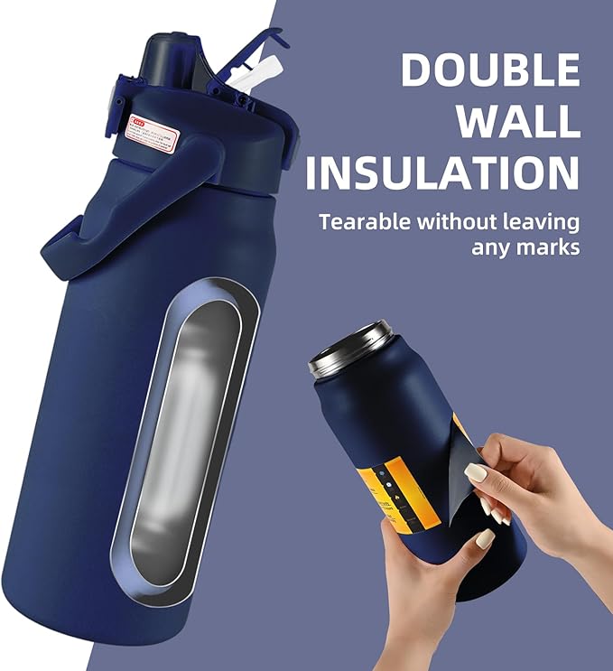 50oz/1.5L Insulated Sports Water Bottle, Stainless Steel Double Wall Water Jug with Handle, 2-in-1 Chug Spout and Straw Lid with Lock Cover for School, Outdoor, Sports & Travel, Navy Blue