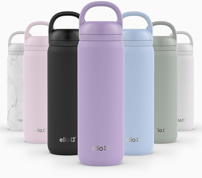 Ello Cooper Twist 22oz Stainless Steel Water Bottle with Chug Lid | Leak Proof Double Walled and Vacuum Insulated | Fits Car Cupholder | Built in Carry Loop | Dishwasher Safe | Lilac