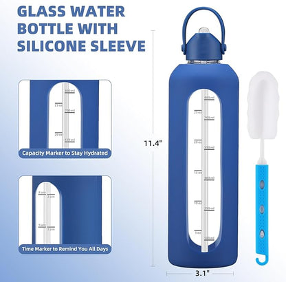 32 oz Glass Water Bottles with Straw Borosilicate Glass Water Bottle with Time Marker Motivational Water Bottles with Silicone Sleeve Leak Proof Reusable BPA Free