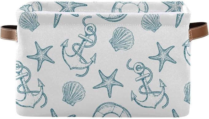 Coastal Anchor Nautical Theme Storage Basket Fabric Laundry Baskets Starfish Summer Beach Storage Boxes Organizer Bag for Baby Cloth Dog Toy Book Storage Cubes Shelf Closet Bins 16x12x8 Inches