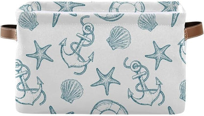 Coastal Anchor Nautical Theme Storage Basket Fabric Laundry Baskets Starfish Summer Beach Storage Boxes Organizer Bag for Baby Cloth Dog Toy Book Storage Cubes Shelf Closet Bins 16x12x8 Inches