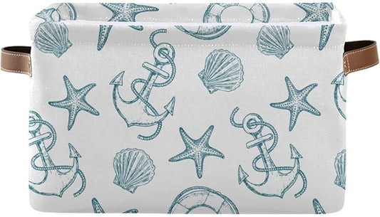 Coastal Anchor Nautical Theme Storage Basket Fabric Laundry Baskets Starfish Summer Beach Storage Boxes Organizer Bag for Baby Cloth Dog Toy Book Storage Cubes Shelf Closet Bins 16x12x8 Inches