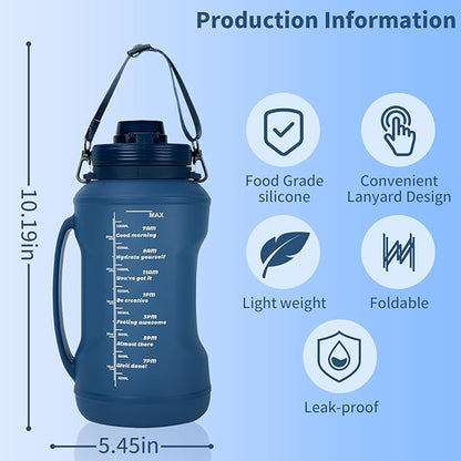 Collapsible 64oz Water Bottle with Handle & Straw - Spill-Proof Foldable Silicone Bottle for Men/Women (Blue, 2L)