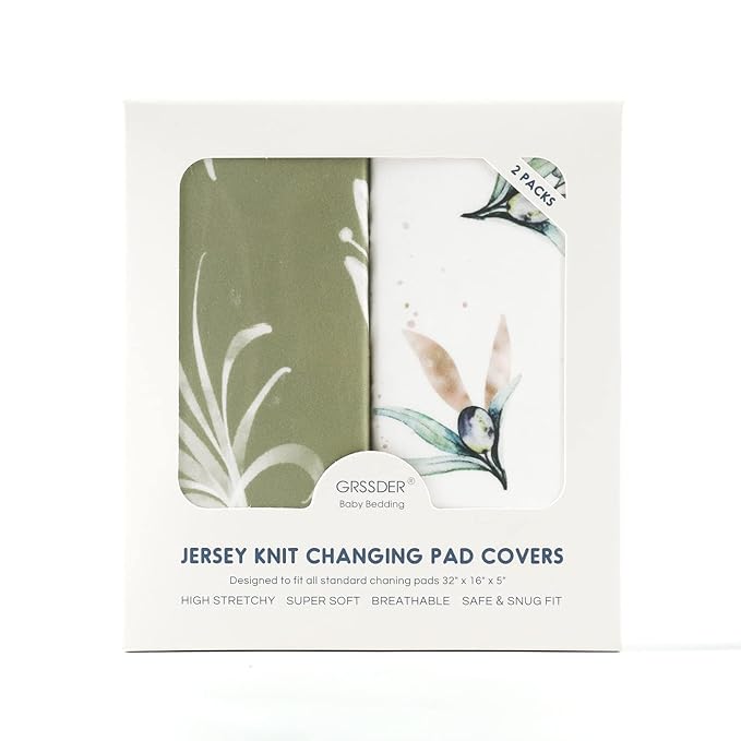GRSSDER Stretch Ultra Soft Jersey Knit Changing Pad Cover Set 2 Pack,Change Table Pad Covers Fit 32"/34" x 16" Pads Safe and Snug,Stylish Watercolor Flora and Olive for Baby