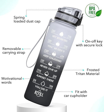 32oz/26oz Motivational Water Bottle with Time Marker & Fruit Strainer, Leak-proof BPA Free Non-Toxic 1l Bottle with Carrying Strap, Perfect for Fitness, Gym and Outdoor Sports, Plastic