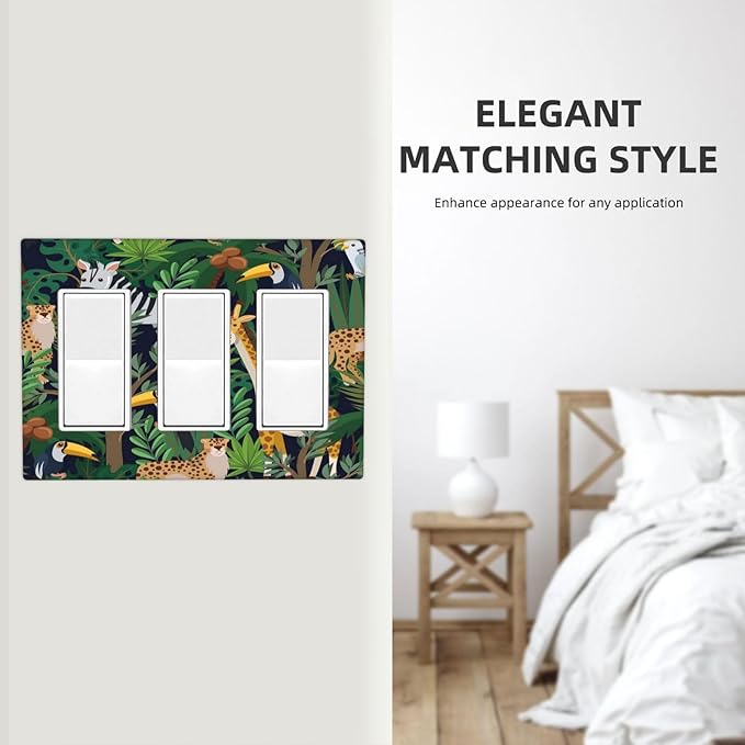 Cartoon Animal Zebra Leopard Giraffe Bird Leaf 3 Gang Rocker Nursery Light Switch Covers Decorative Triple Outlet Wall Plate Cover Faceplate Decorative Switchplate GFCI for Kidroom Decor