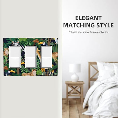 Cartoon Animal Zebra Leopard Giraffe Bird Leaf 3 Gang Rocker Nursery Light Switch Covers Decorative Triple Outlet Wall Plate Cover Faceplate Decorative Switchplate GFCI for Kidroom Decor