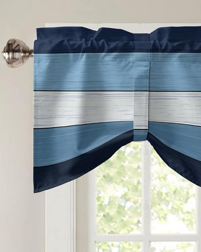 Farmhouse Blackout Tie Up Valance Curtains for Kitchen Windows,Navy Sky Blue White Window Toppers Balloon Shades for Living Room/Bathroom/Bedroom,1 Panel,42" X 12" Retro Rustic Barn Wood Texture