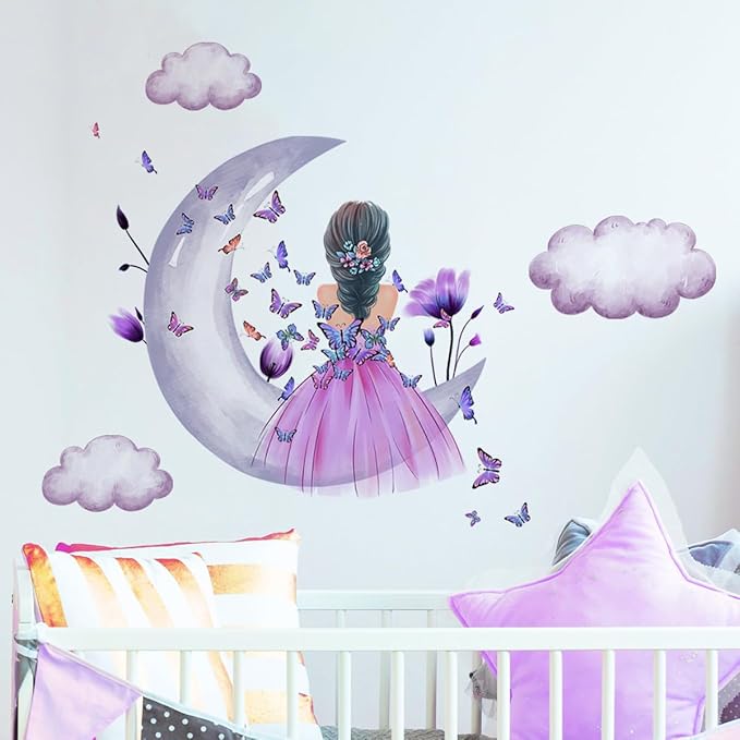 Fairy Girl Wall Sticker Moon Butterfly Fairy Girl Wall Decals Removable Wall Decals Waterproof Wall Mural for Kids Nursery Bedroom