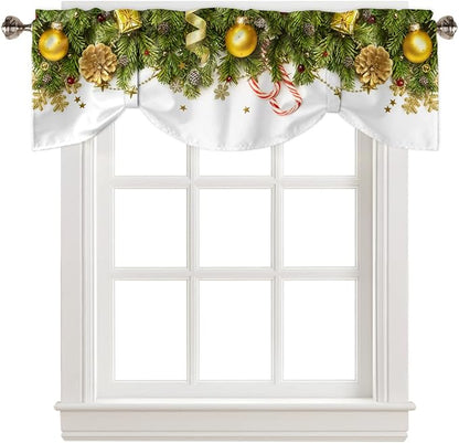 Christmas Blackout Tie Up Valance Curtains for Kitchen Windows Pine Cones Window Toppers Balloon Shades for Living Room/Bathroom/Bedroom,1 Panel,42" X 18" Golden Ornament Balls