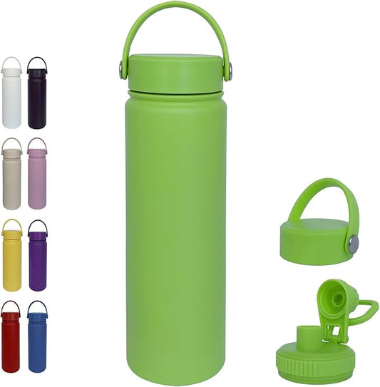 22oz Insulated Water Bottle ，Stainless Steel Sports Water Cup Flask with 2 Lids, Wide Mouth Travel Thermal Mug,Outdoor Sports Bottle（Lemon Green）