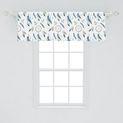 Ambesonne Tribal Window Valance, Aztec Exotic Feathers Dreamcatchers Traditional Folk Watercolor Boho Art, Curtain Valance for Kitchen Bedroom Decor with Rod Pocket, 54" X 18", Blue Green