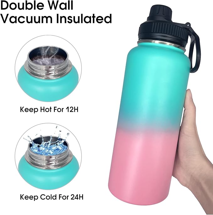 4pack 32 oz Insulated Water Bottle With Straw, Stainless Steel Sports Water Cup Flask with 2 Lids, Wide Mouth Travel Thermal Mug,Pink gradient