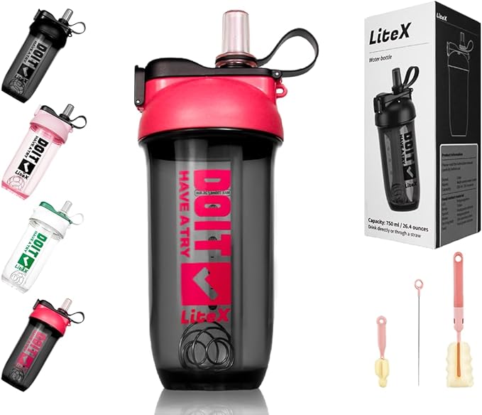 Litex Shaker Bottles for Protein Shakes, 26oz Blender Shaker Bottle for Pre-Workout,Shaker Cups with Straw, BPA-free Tritan Mixer Bottles for Protein Powder,with Cup Brush and Instructions (Rose red)