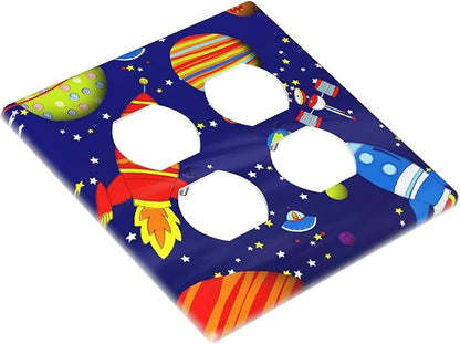 Space Astronaut Double Outlet Switch Wall Plate Cover Decorative 2-Gang for Electrical Boys Kids Room Bathroom Bedroom Home Kitchen Two Receptacle Polycarbonate Power Gear 4.5" x 2.76"