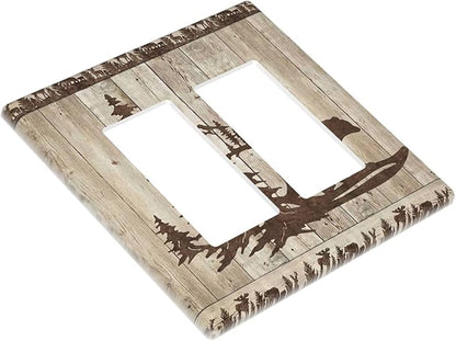 Rustic Wood Bear Forest 2 Gang Rocker Decora Light Switch Cover Decorative Vintage Antique Cabin Outlet Covers Wall Plate Electrical Faceplate Switchcovers GFCI for Farmhouse Bathroom Bedroom Decor