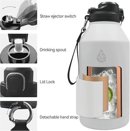64 oz Insulated Water Bottle With Straw Pop-up & Auto Spout Lid, Flex Handel, Waterbottle Strap Carrier, Half Gallon Stainless Steel Water Water Hydro Jug Thermo Flask (Brilliant White)
