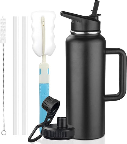 40oz Insulated Water Bottle with Handle, Stainless Steel Sports Metal Water Flask with Straw & 2 Leak Proof Lids, Double Walled Vacuum Wide Mouth Water Bottle for Travel, Camping, Gym Sports (Black)