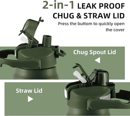 50oz/1.5L Insulated Sports Water Bottle, Stainless Steel Double Wall Water Jug with Handle, 2-in-1 Chug Spout and Straw Lid with Lock Cover for School, Outdoor, Sports & Travel, Army Green