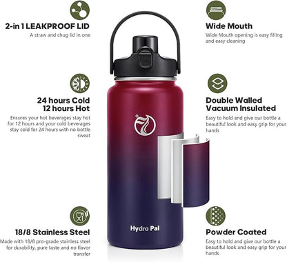 Half Gallon Insulated Water Bottle with 2-in-1 Lid (Chug Lid/Straw Lid), 40/64oz Double Walled Vacuum Stainless Steel Water Bottles, Water Jug with Straw