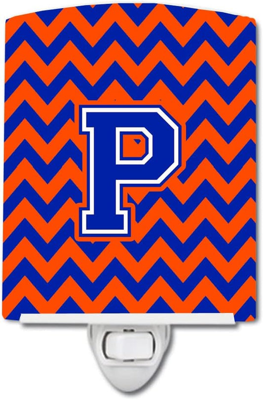Caroline's Treasures CJ1044-PCNL Letter P Chevron Orange and Blue Ceramic Night Light Compact, UL-Certified, Ideal for Bedroom, Bathroom, Nursery, Hallway, Kitchen, 6x4x3, Multicolor