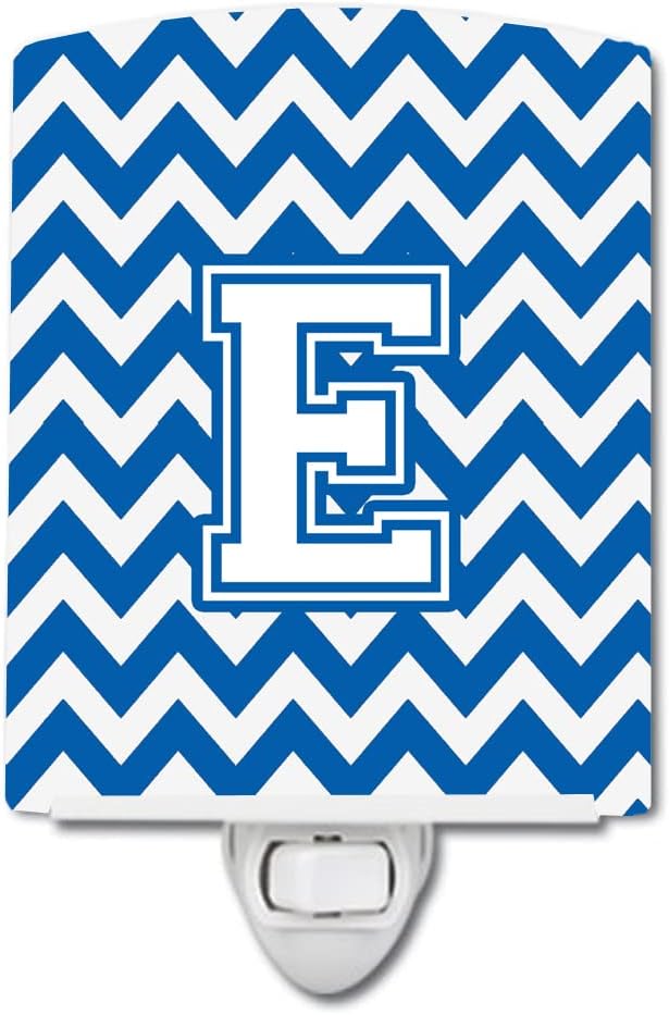 Caroline's Treasures CJ1045-ECNL Letter E Chevron Blue and White Ceramic Night Light Compact, UL-Certified, Ideal for Bedroom, Bathroom, Nursery, Hallway, Kitchen, 6x4x3, Multicolor