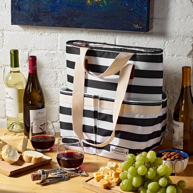 Fit & Fresh Large Insulated Cooler Bag, 1120 cu in, B&W Stripe, Polyester, 11 x 5 x 10 in