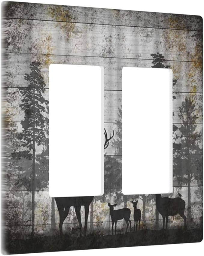 Rustic Deer Forest Vintage Wood Board 2 Gang Rocker Boho Light Switch Covers Decorative Country Unique Double Decora Outlet Wall Plate Faceplate Switchplate GFCI for Farmhouse Bedroom