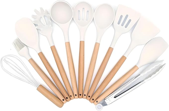 Kitchen Utensils Set, 33 pcs Non-Stick Silicone Cooking Utensils Set, Heat-Resistant Silicone, Wooden Utensils for Cooking, Kitchen Gadgets Spatula Set, Apartment Essentials Kitchen Set (White)