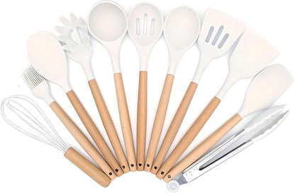 Kitchen Utensils Set, 33 pcs Non-Stick Silicone Cooking Utensils Set, Heat-Resistant Silicone, Wooden Utensils for Cooking, Kitchen Gadgets Spatula Set, Apartment Essentials Kitchen Set (White)