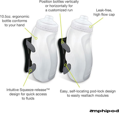 Amphipod RunLite Xtech Hydration System, Dual 10.5 oz Hydraform Water Bottles for Running, Marathons & Endurance Training (Jett-Squeeze Cap) - Clear/Charcoal - 2 x 10.5 oz