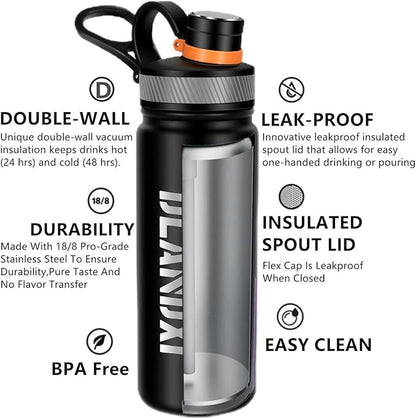 22 oz Double Wall Vacuum Insulated Stainless Steel Water Bottle with Spout Lid BPA Free (BLACK, 22 OZ)