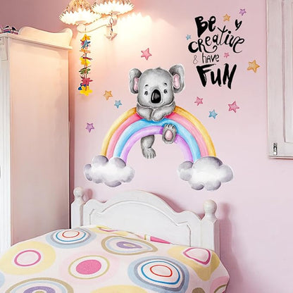 Cartoon Koala on Rainbow Wall Decal - 88cm x 34.64in Finished Size, Inspiring 'Be Creative & Have Fun' Message