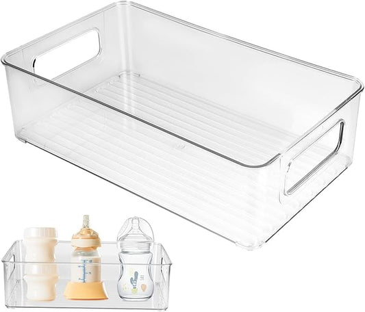 Plastic Baby Bottle Nursery and Food Organizer Storage Holder Bin with Handles for Closet, Cupboard, Cabinet, Drawers, Shelves Holds Canned Food, Bottles, Formula Ligne Collection, Clear