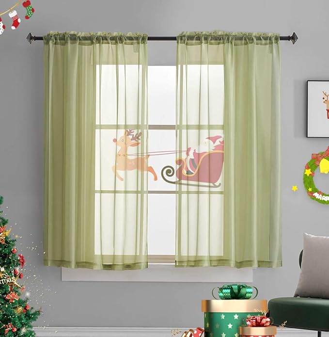 Green Sheer Curtains 2 Panels for Windows Kitchen Bedroom Living Room 45 Inch Length Light Filtering Translucent Voile Sage Green Curtains 45 Inches Long Soft