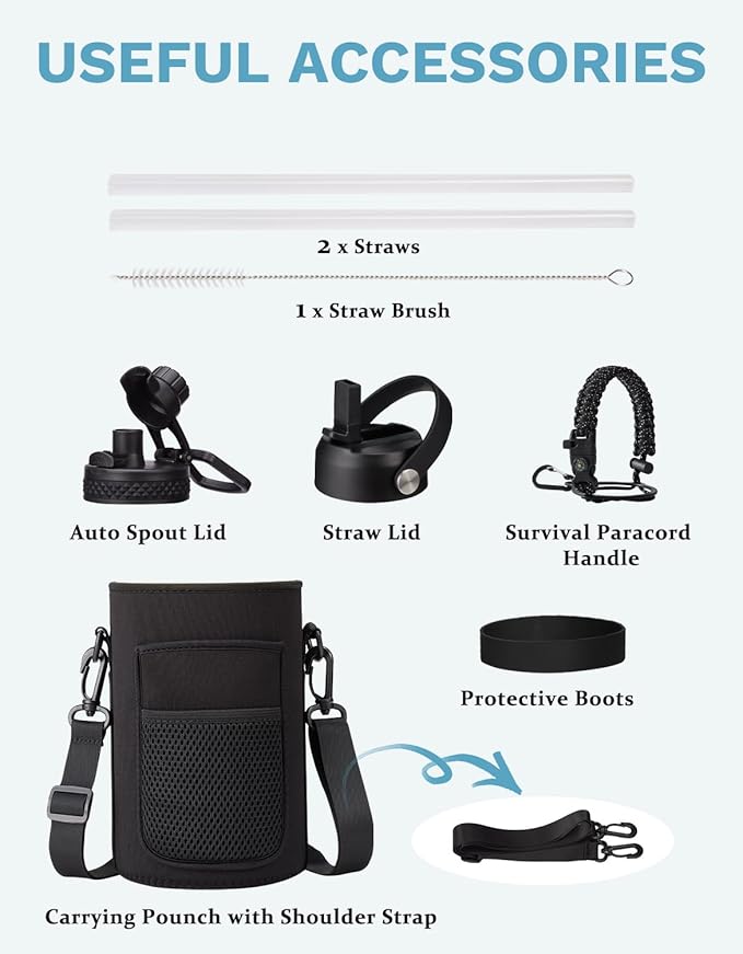 Half Gallon Water Bottle with Straw - Pop Up Lid, Carrying Pouch, Paracord Handle, Silicone Boot, 64 oz Water Bottle Triple Wall Thermal Mug Gallon Water Jug for Work School Home Sports Gym