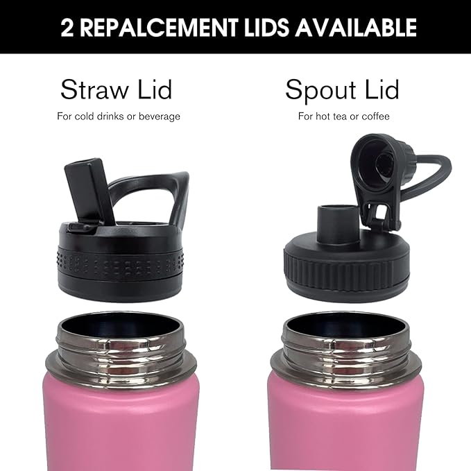 4pack 22 oz Insulated Water Bottle With Straw, Stainless Steel Sports Water Cup Flask with 2 Lids, Wide Mouth Travel Thermal Mug,Pink