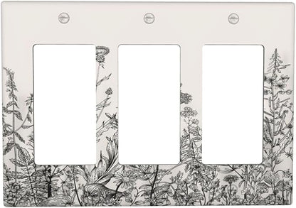 Vintage Grey Floral Herbs Wild Flowers Botanical 3 Gang Rocker Boho Light Switch Covers Decorative Country Unique Triple Outlet Wall Plate Cover Faceplate Decorative Switchplate GFCI