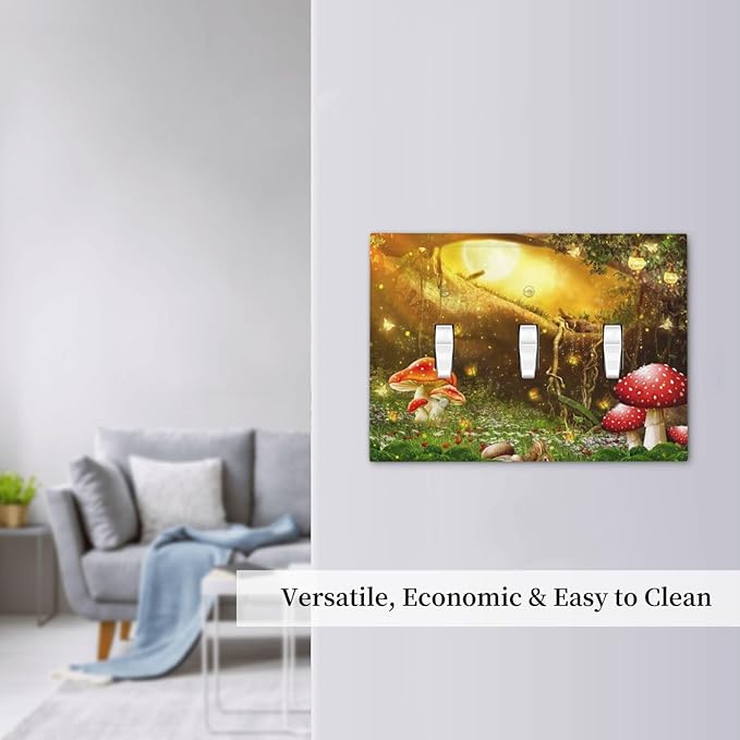 Red Mushroom Forest Fairy Moon Butterfly 3 Gang Bohemian Light Switch Covers Decorative Triple Toggle Wall Plate Electrical Faceplate Switchplate for Kidroom Nursery Bedroom Decor