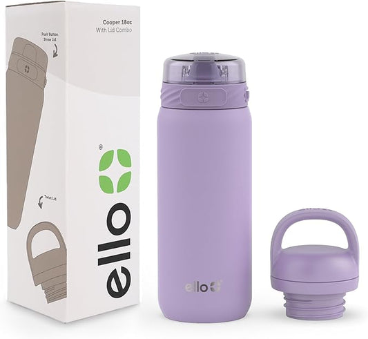 Ello Cooper 18oz Kids Stainless Steel Water Bottle with 2 Lids Chug and Straw | Leak Proof Double Walled and Vacuum Insulated | Fits Car Cupholder | Built in Carry Loop | Dishwasher Safe | Lilac